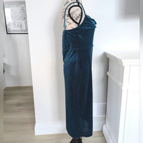 RACHEL ZOE | Women's Teal Blue Sparkly Velvet Spaghetti Strapped Midi Dress - Picture 4 of 5